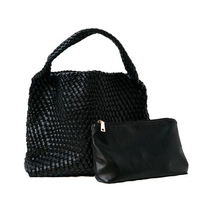 Leather Weave Bucket Bag (Black)